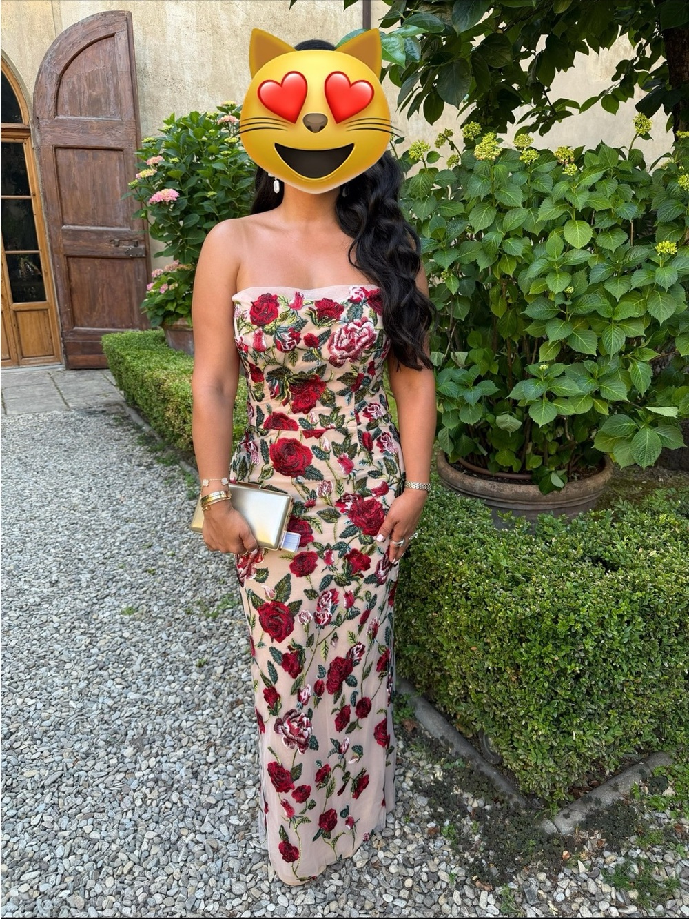 Marchesa Strapless Rose-Embroidered Gown in Red and Cream